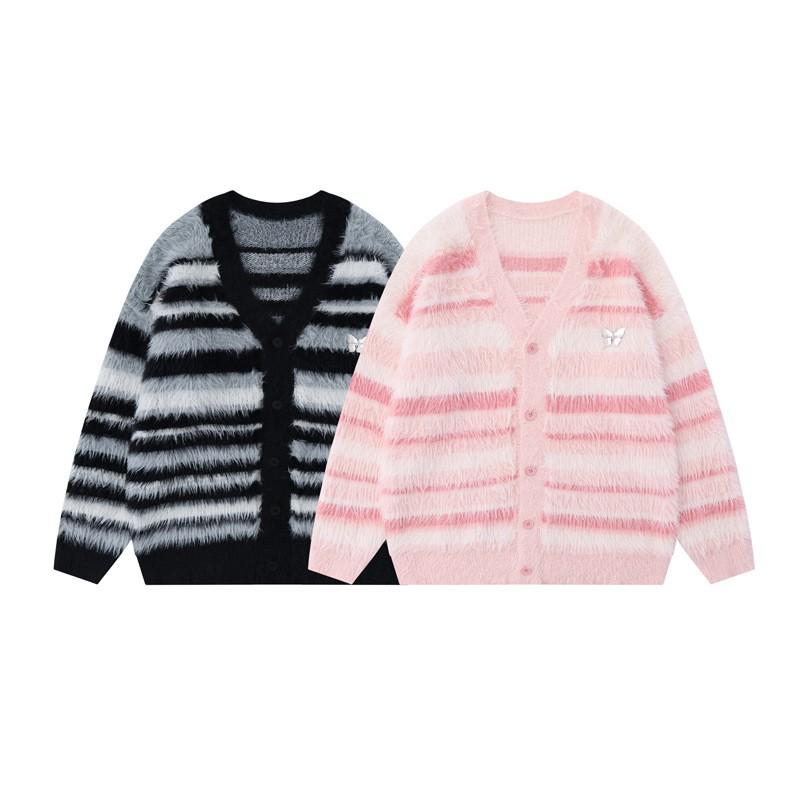 Unisex Oversized Mohair Blend Knit Cardigan With Gradient Stripe Cozy Winter Casual Sweater Youth