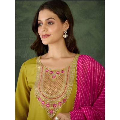 Women's Rayon Embroidered Straight Kurta with Pant And Dupatta Sets