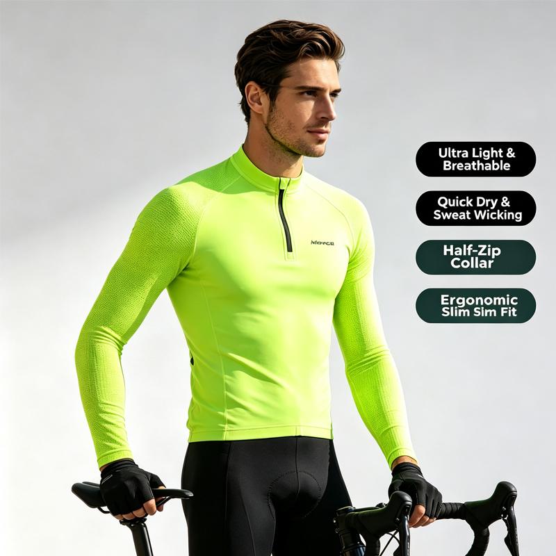 Summer Men's Long Sleeve Cycling Jersey, Half Zip Breathable Mesh Bike Shirt, Fluorescent High Visibility Road Biking Top