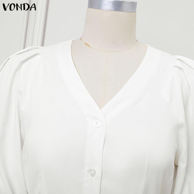 VONDA Women Casual V Collar Loose Half Sleeve Bow Knot Slim Waist Pleated Dress