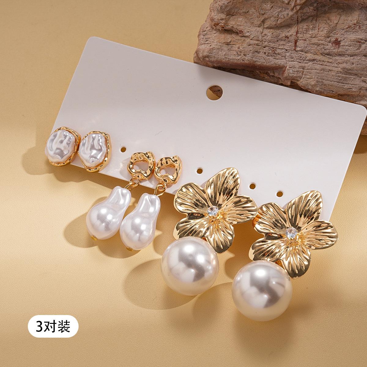 Six-piece set of European and American metal imitation pearl flower silver needle earrings retro earrings