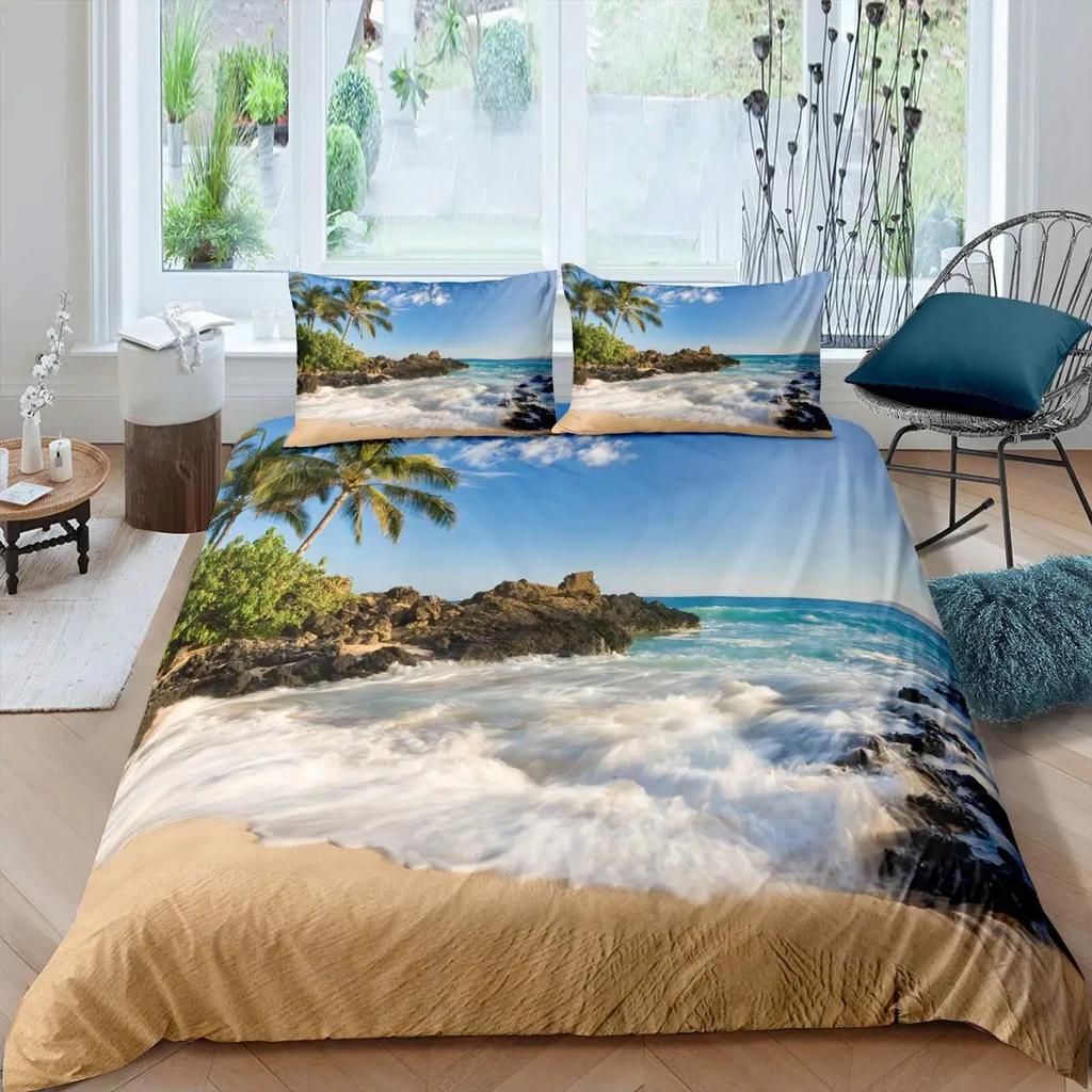 Strand Påslakanset Twin för Barn Ocean Sängkläder Set Sängkläder Hawaiskt Tropiskt Tryckt Mikrofiber Polyester Täcke Överdrag