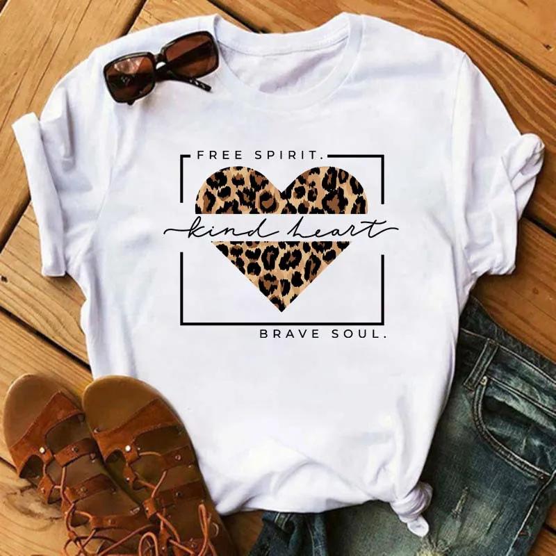 Leopard Love Heart Print Women Fashion T Shirt Black Female Short Sleeve Graphic Tops Women Sleeved Harajuk Streetwear Casual