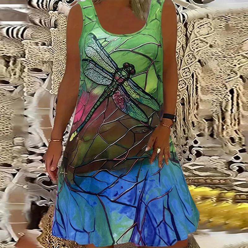 Damen Rosenblumen Fake Zweiteiler Fliegende Libellen Bedrucktes Ärmelloses Rundhalskleid Locker Weich und Bequem Übergröße Kleid