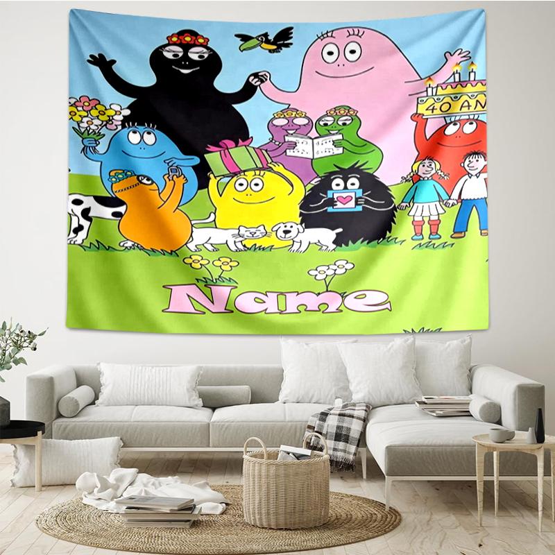 Custom Name Barbapapa Print Tapestry, Backdrop, Easy Setup, Ideal for Bedroom, Office & Living Room, with Aesthetic Wall Hanging Decor.
