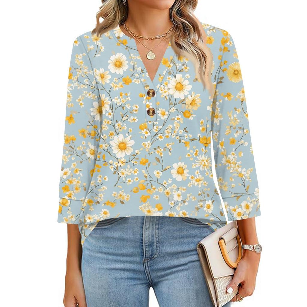 Damen T-Shirt mit Aufdruck, Knopfleiste, 3/4-Ärmel, für den Alltag, Wochenendmode, Basic, V-Ausschnitt, normales Oberteil