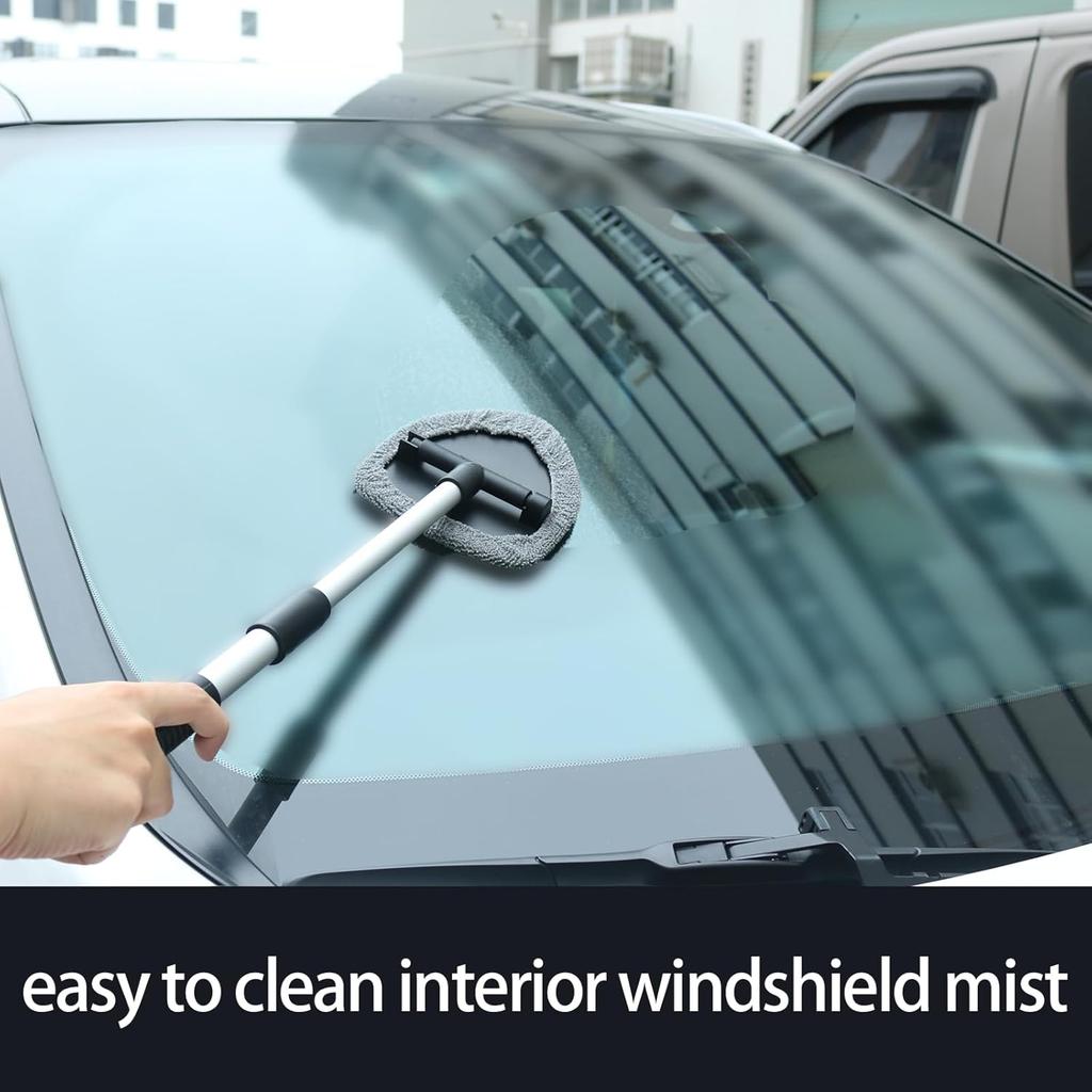 Windshield Cleaning Tool,180° Rotatable with 4 Reusable Microfiber Cloths Extendable Handle Auto Inside Glass Wiper Kit