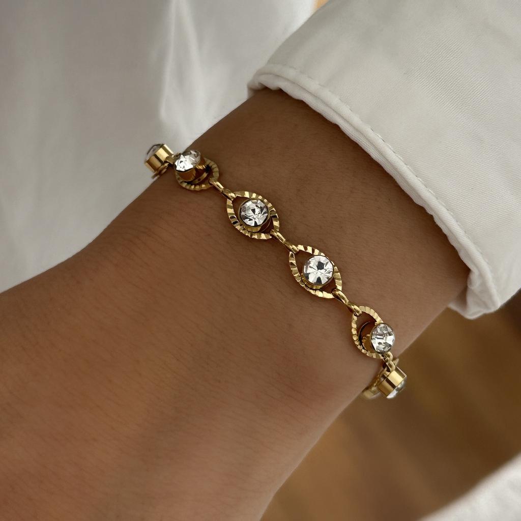 Stainless Steel Luxury Shiny Zircon Charm Bracelet for Women Gold Plated Metal Geometric Chain Bangle Party Minimalist Jewelry
