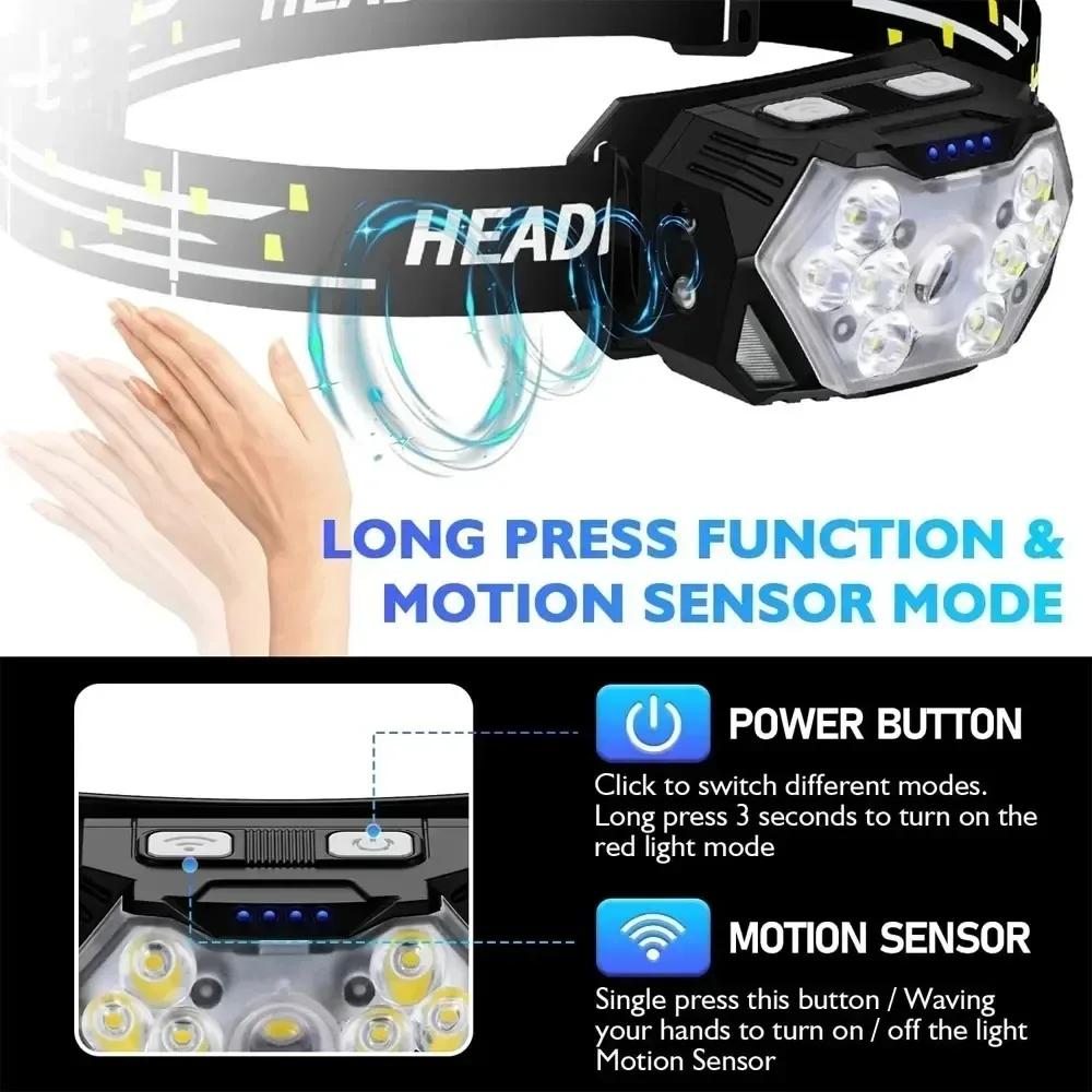 Rechageable Motion Sensor Headlight 9 Led Strong Light Headlamp Portable Fishing Camping Outdoor Head Lamp Work Flashlight