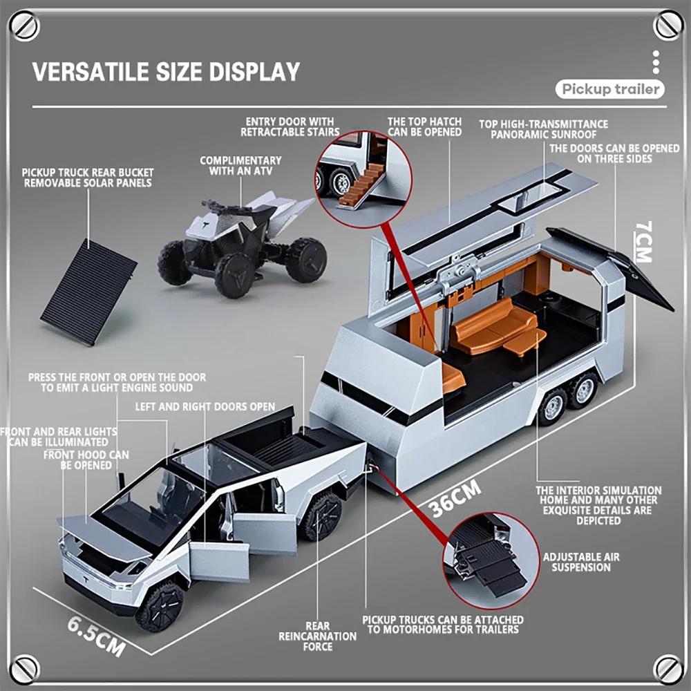 Scale 1/32 Tesla Cybertruck Pickup Trailer RV Metal Alloy Toys Car Model Diecast Off-road Vehicle Gift for Boys Kids Collection