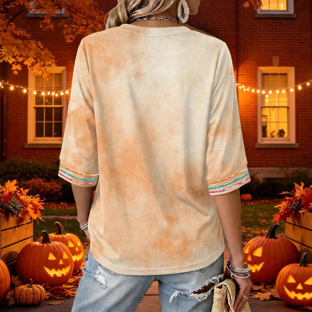 Women's Casual V-Neck Halloween Print Three-Quarter Sleeve Blouse for Halloween Party