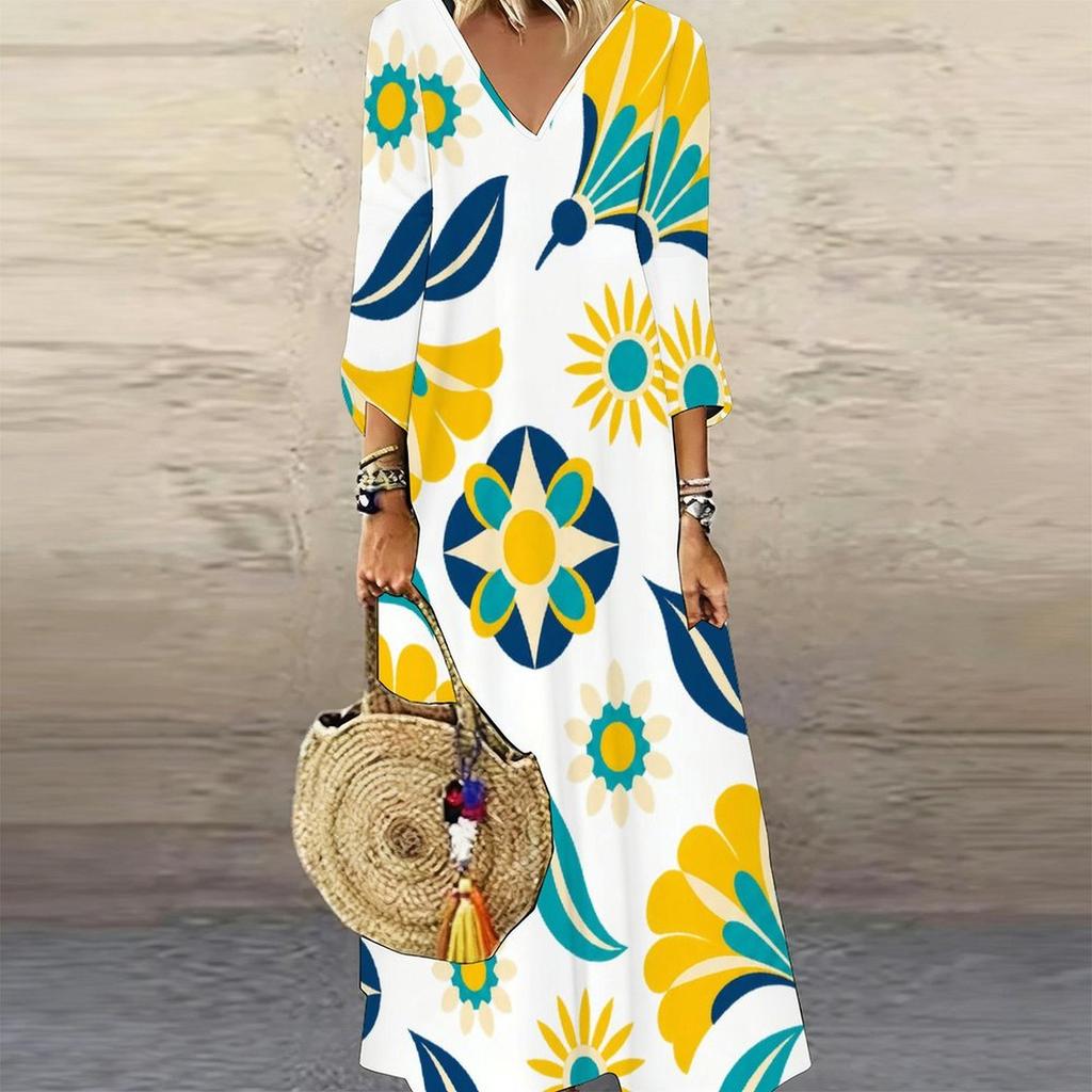 Women Plus Size V Neck Three Quarter Sleeve White Purple Floral Printed Long Dress