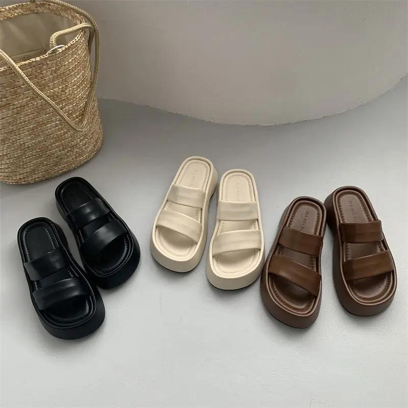 Fashion Slides with Heel House on Beach Outside Thick Women's Slippers and Ladies Sandals Open Toe Apricot Rubber Shoes Home Original G