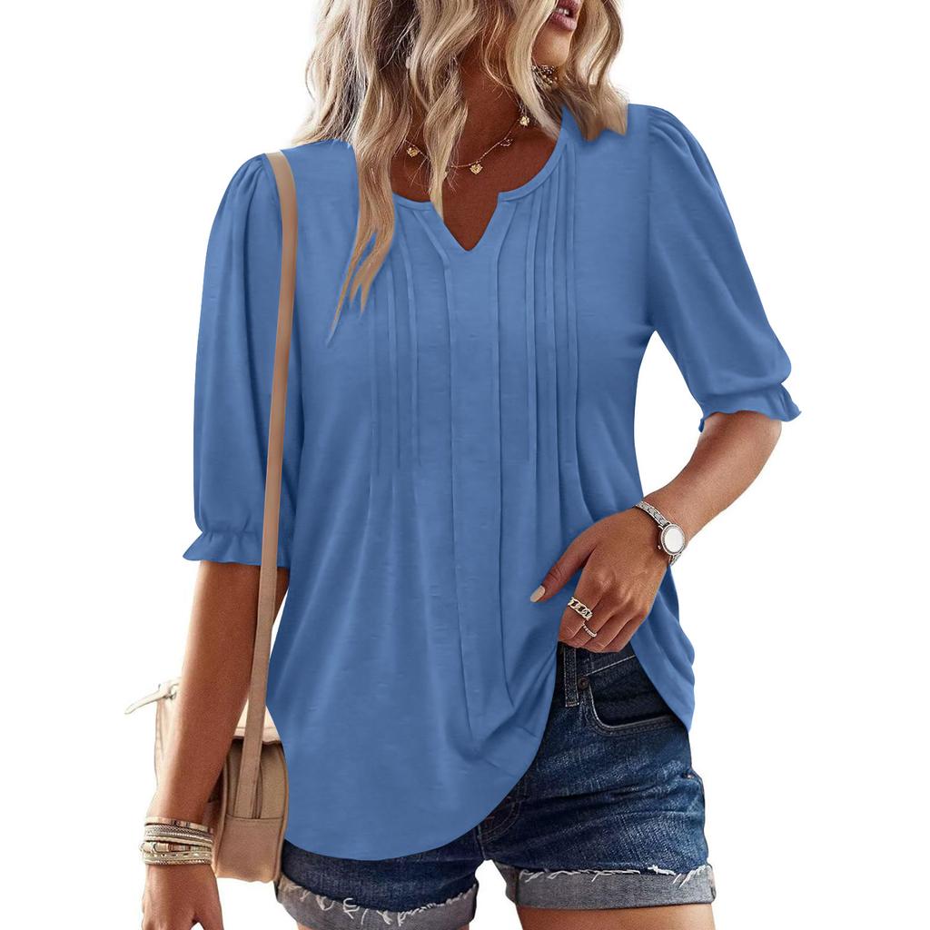 Women's Fashion Casual V-Neck Button-Front Pleated T-Shirt With Short Sleeves In Solid Color