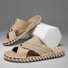 Fashion Italian Hand-stitched Cross Leather Slippers for Men 2024 New Hotel Beach Summer Shoes High Quality Light Flats Male Flip Flops