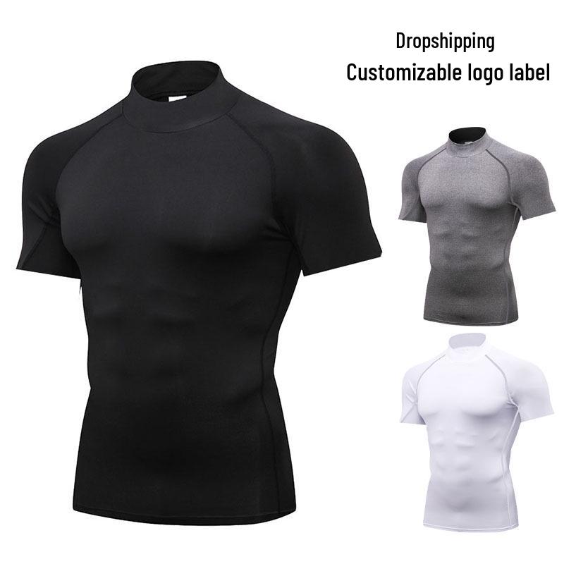 Men's High-Collar Short Sleeve Quick-Dry Pro Tights for Running & Fitness