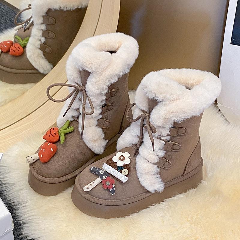 Women's Lace-up Large Size Thick Sole Winter Warm Fur Snow Boots Padded Lined Ankle Boots Anti-slip Hiking Sports Cotton Boots