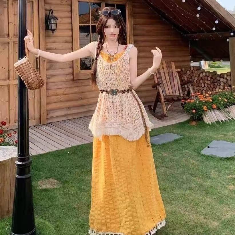 Bohemian Holiday Style Suit, Korean Tassel Suspender Dress Stacked with Hollow Blouse, a Complete Set of Women's Summer