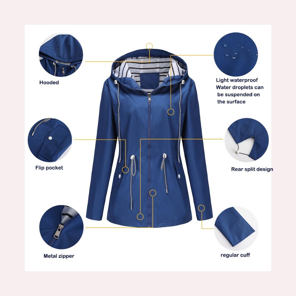 S-5XL European and American New Long-sleeved Water-repellent Mid-length Windbreaker Women's Hooded Striped Raincoat Plus Size Women's Clothing