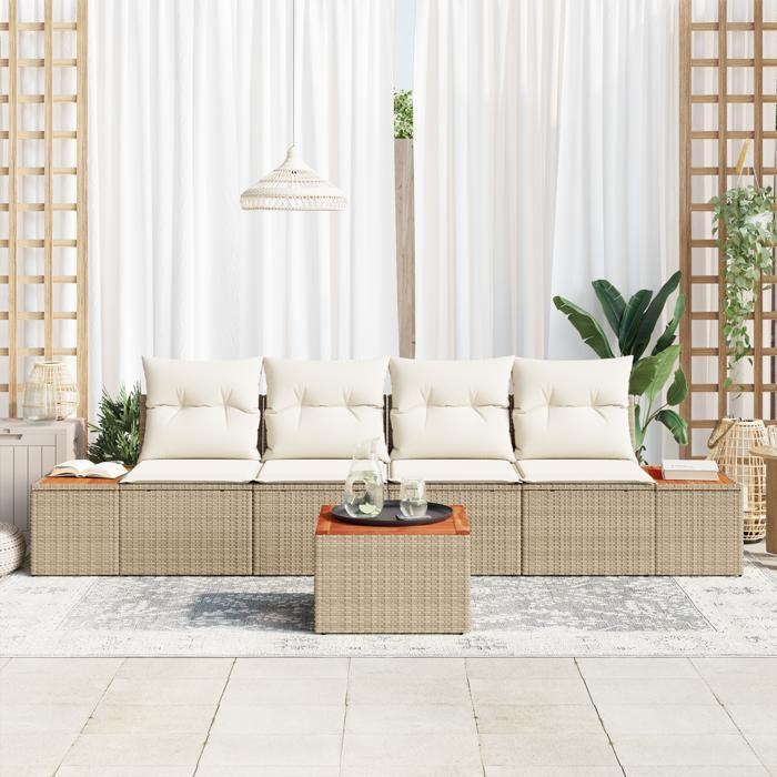 VidaXL Ensemble de Canapés de Jardin 5 Pièces avec Coussins Beige Poly Rattan Acacia 3348022
