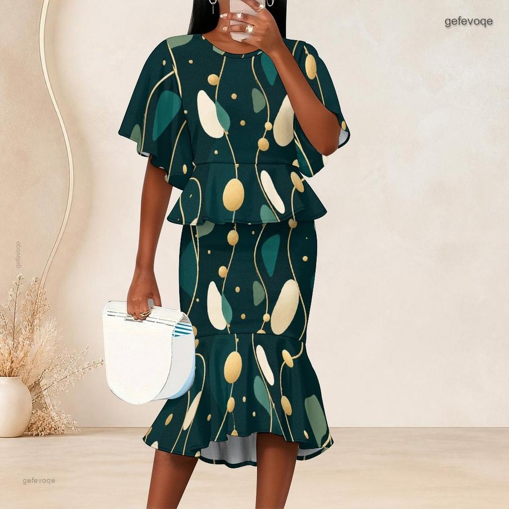 Women Plus Size Black Printed Round Neck Batwing Sleeve Ruffle Top Fishtail Skirt Two Piece Set