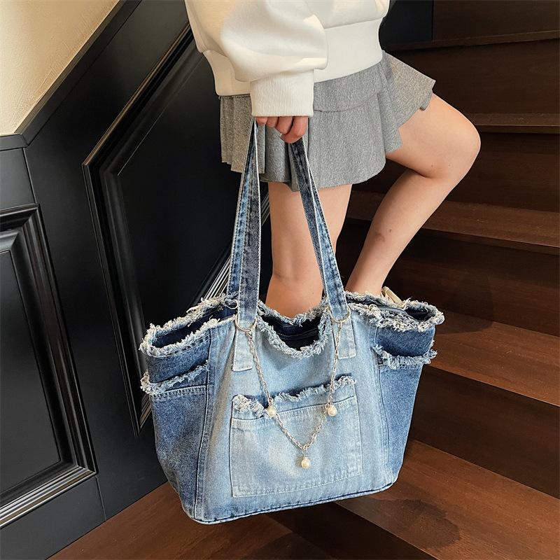 Mode Kleurverloop Ruwe Rand Denim Tote Tas Dames Veelzijdig Grote Capaciteit Ketting Handtassen Eenvoudig Werk Een Schouder Tassen CLE