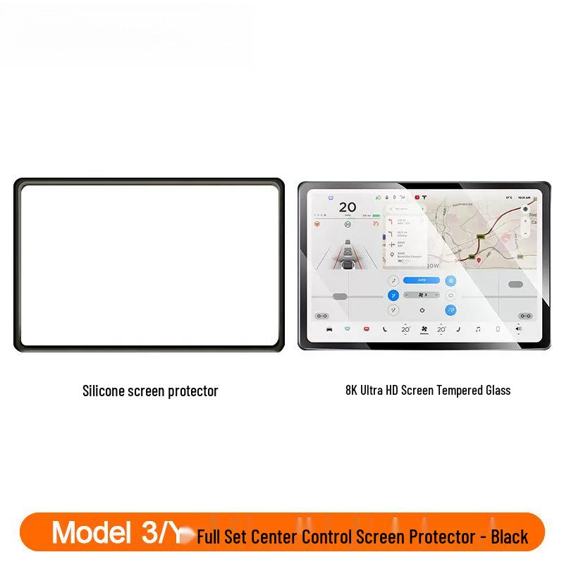 Tesla Model 3/Y Navigationsbildschirm-Schutzfolie mit Silikonrahmen & Mittelkonsolen-Zubehör