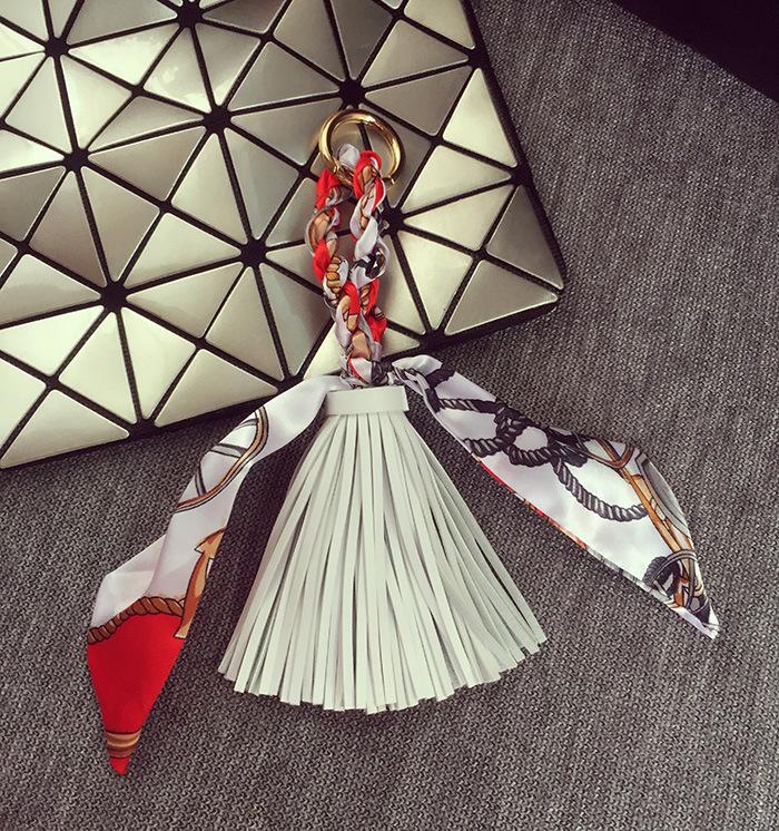 

Curtain fringed leather silk scarf fringed bag accessories keychain keyring pendant Faux leather белый