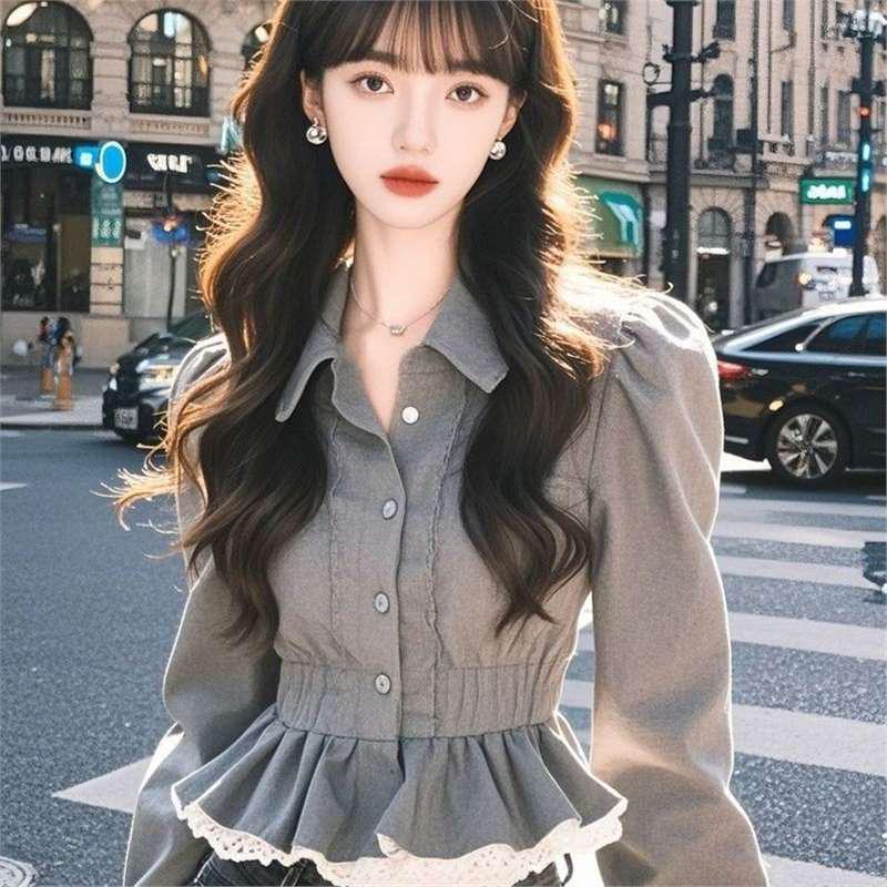 Cămașă Chic Franceză cu Volane și Dantelă, cu Mâneci Lungi - Design Trendy, Versatil și Anti-Îmbătrânire