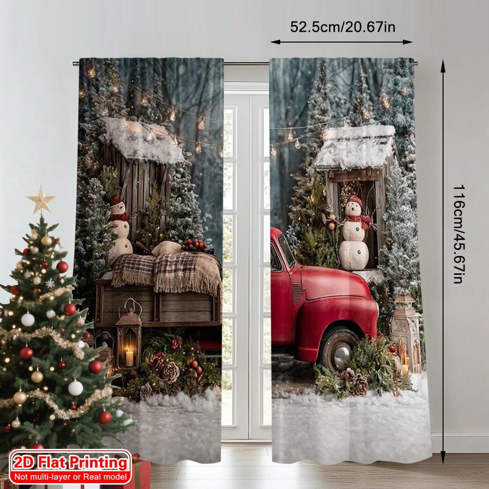 2pcs 2D flat printing Merry Christmas Popular Party Window Curtains Country red truck Versatile Polyester Without Electricity