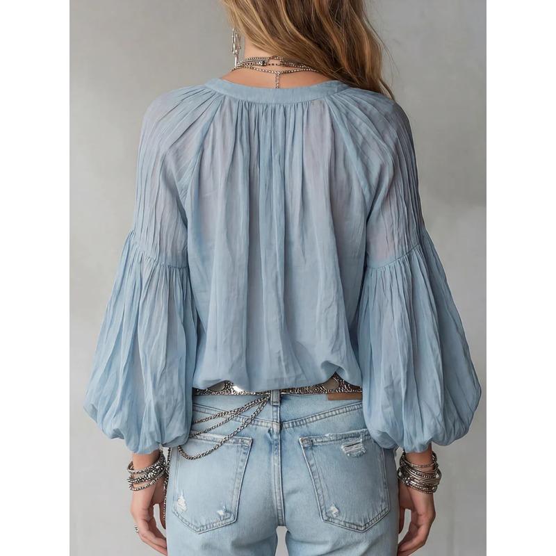 Women Casual Loose Bohemian Style V Neck 3 4 Sleeve Lantern Sleeve Shirt