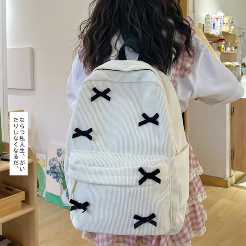 Cute Bowknot Aesthetic Backpacks Lightweight School Bookbags Students Sweet Rucksack for Girls Women's Corduroy College Mochilas