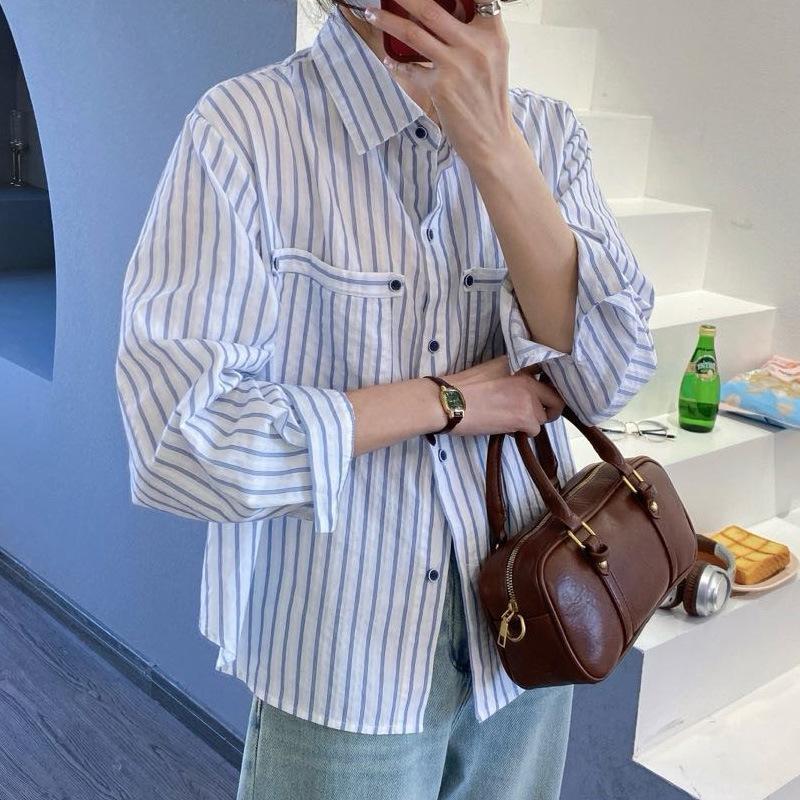 

Striped Shirt Women s Long-sleeved Spring Clothes New Lapel Top Korean Casual Women s Shirt M