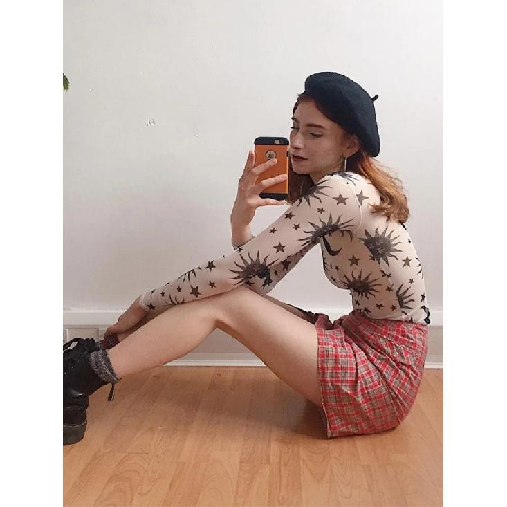 Sun Moon Printed Transparent Mesh Sexy T-Shirt Women O-Neck Long Sleeve Slim Basic Casual Female Tops 2026 Spring New