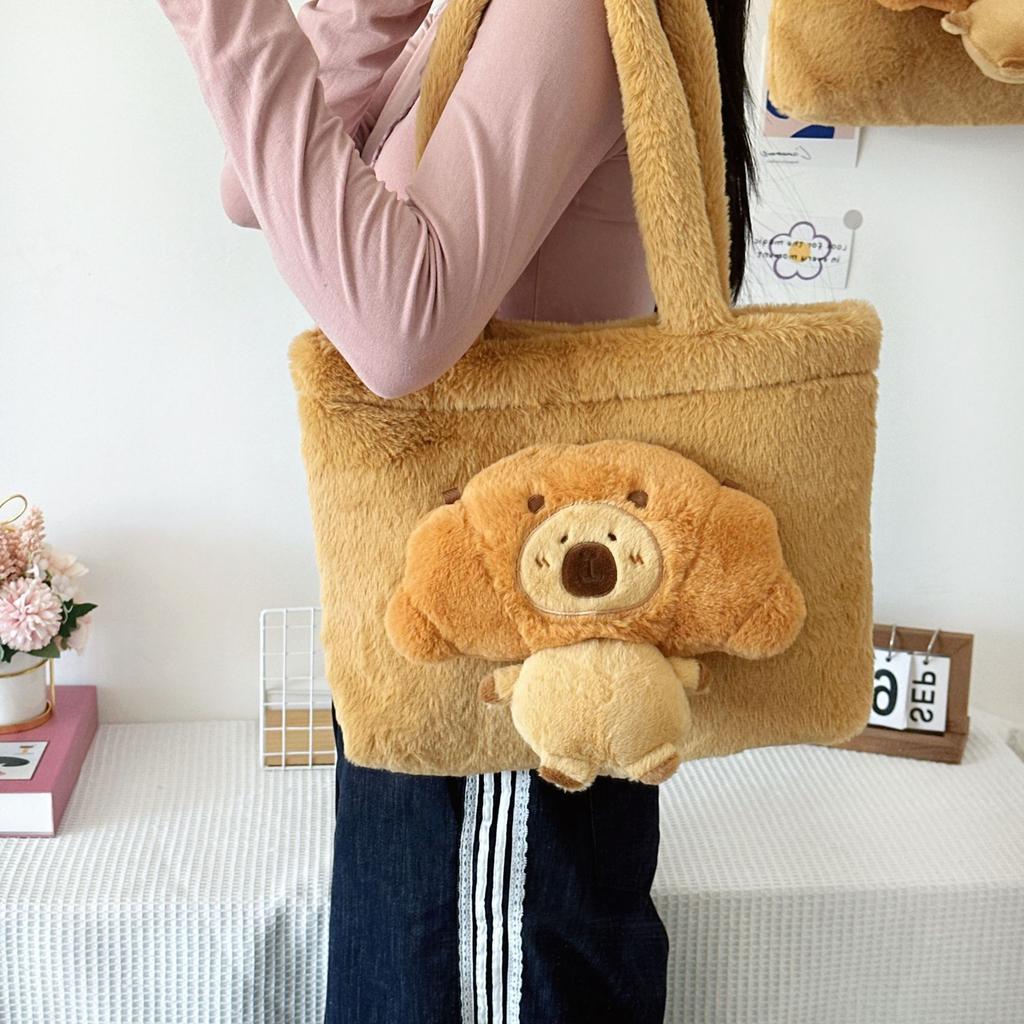 Fun Cartoon Croissant Kapibara Plush Doll Tote Bag Large Capacity Girl One Shoulder Oblique Span Dual Purpose Bag