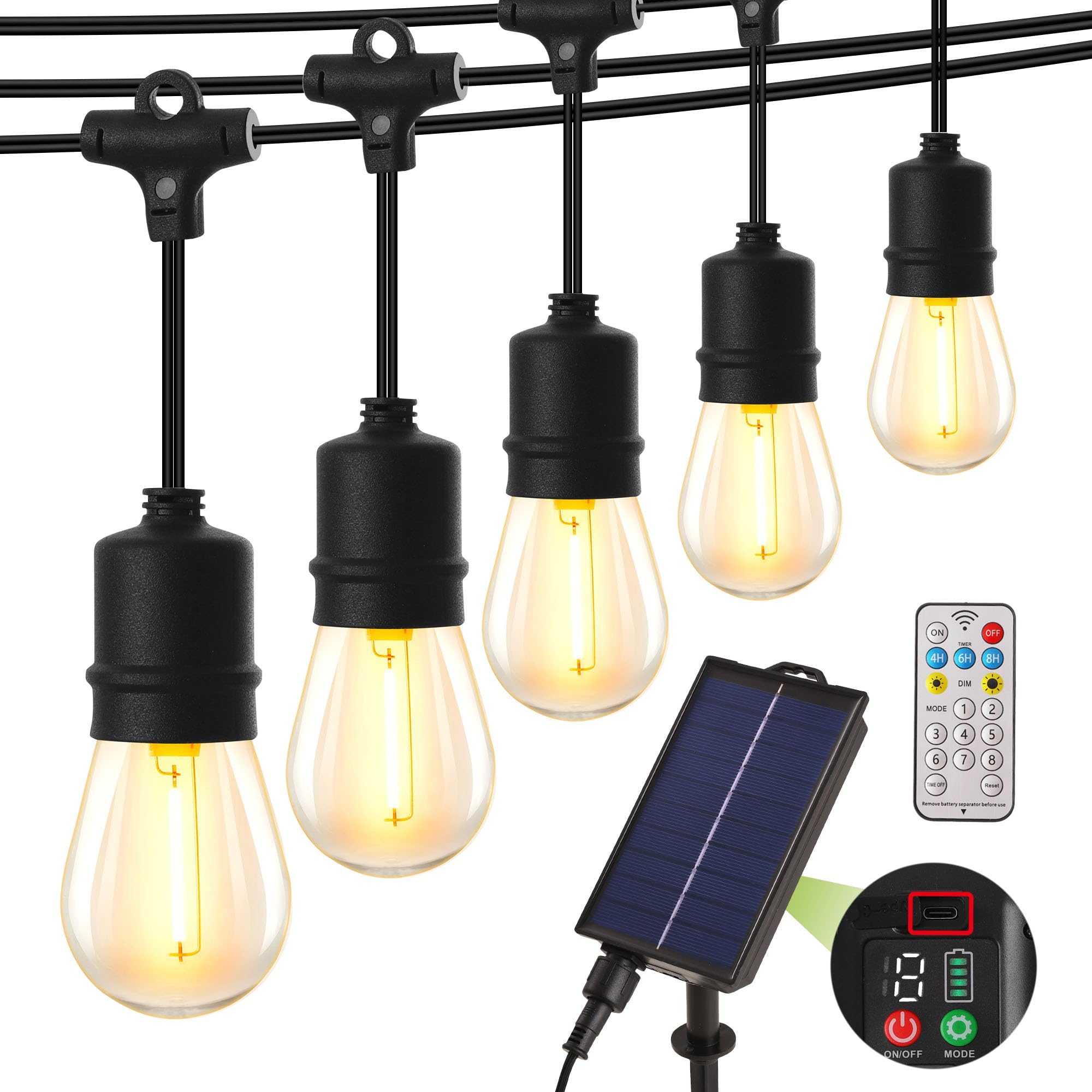 

YOSION Solar String Lights, 12m, Rainproof, Automatic Nighttime Turn-On, 4 Dimming Modes, PC Material, Warm White, 2700K, 10 LED Bulbs, Perfect for