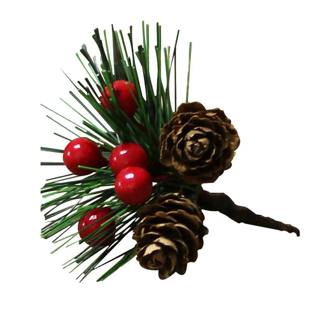5pcs Christmas Artificial Pinecone Red Berry Stem Home Party Decor Simulation Pine Cone for Christmas Tree Pendant Decorations