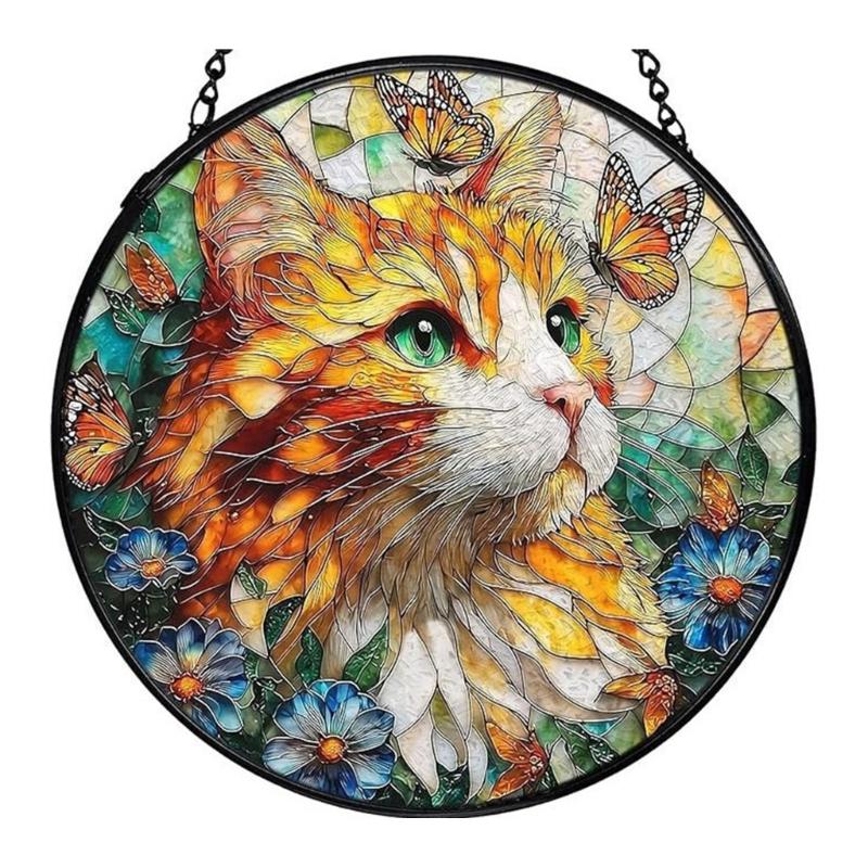 Stained Glass Sun Catcher Window Decors Window Display Glass Hanging Panel with Black Metal Frame, Stained Glass Accent with Chain for Home Accent Use