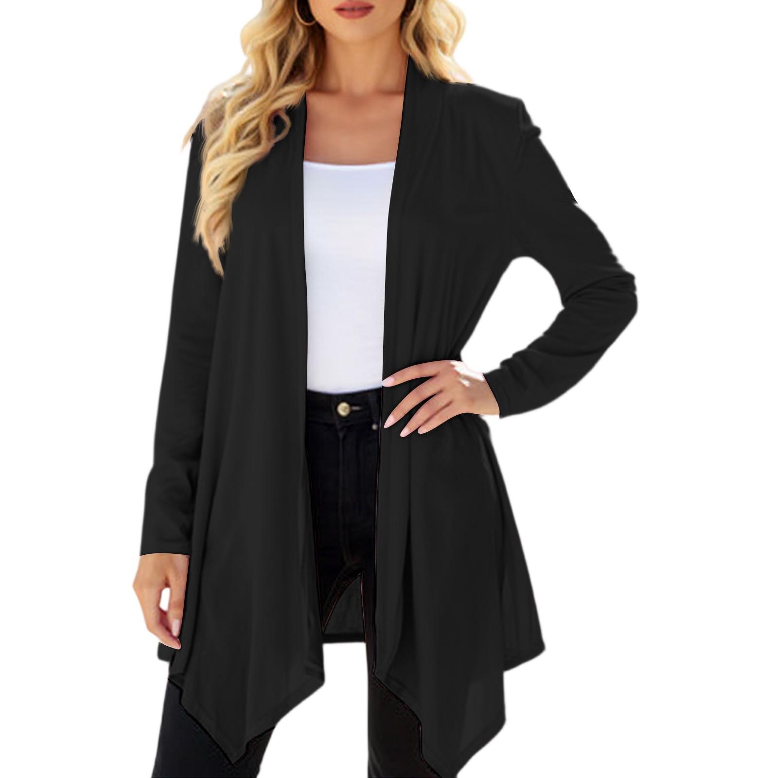 

Women s Color Long Sleeved Mid Length Cardigan Top Jacket XL чёрный
