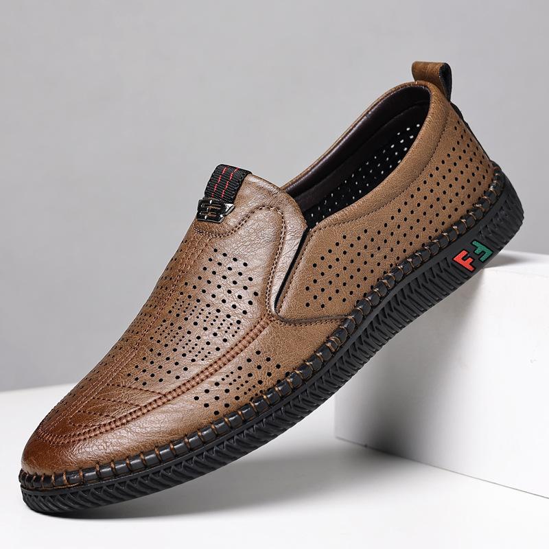Fashion 2025 Summer New Soft Leather Shoes for Men Hallow Breathable Soft Sole Sandals for Men Fashion Solid Color Casual Loafers Man
