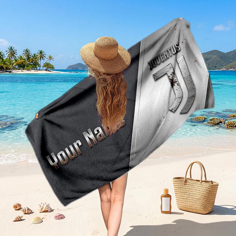 Asciugamano da Spiaggia Personalizzato Juventus FC, Stampa Testo Nome Personalizzato, Asciugamano Morbido Asciugatura Rapida con Logo Calcio, Regalo per le Vacanze