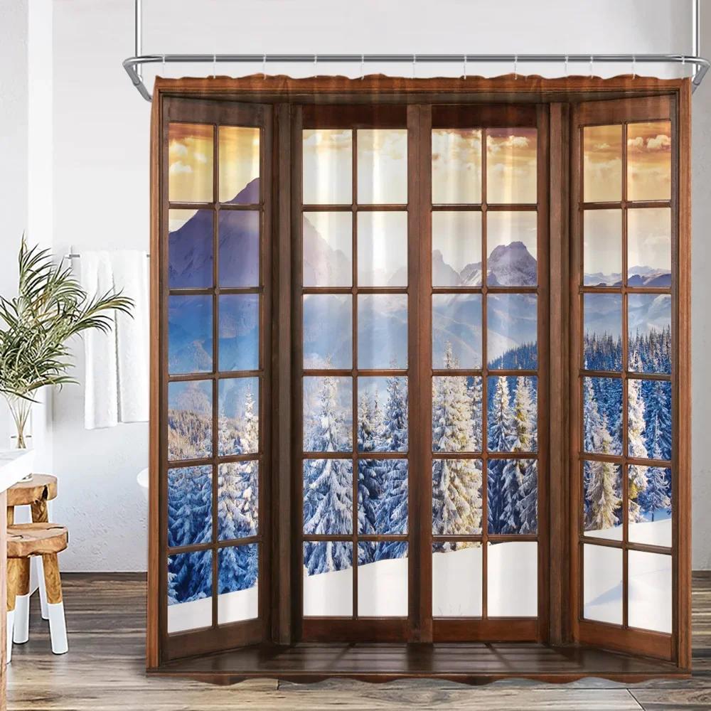 Winter Forest Scenery Shower Curtain Snow Window Outside Nature Landscape Snowy Pine Tree Bathroom Decor Polyester Bath Curtain