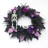 Halloween Front Door Wreath, Artificial Floral Wreath with Black Purpler Leaves Hanging Decoration for Front Door Entryway Wall