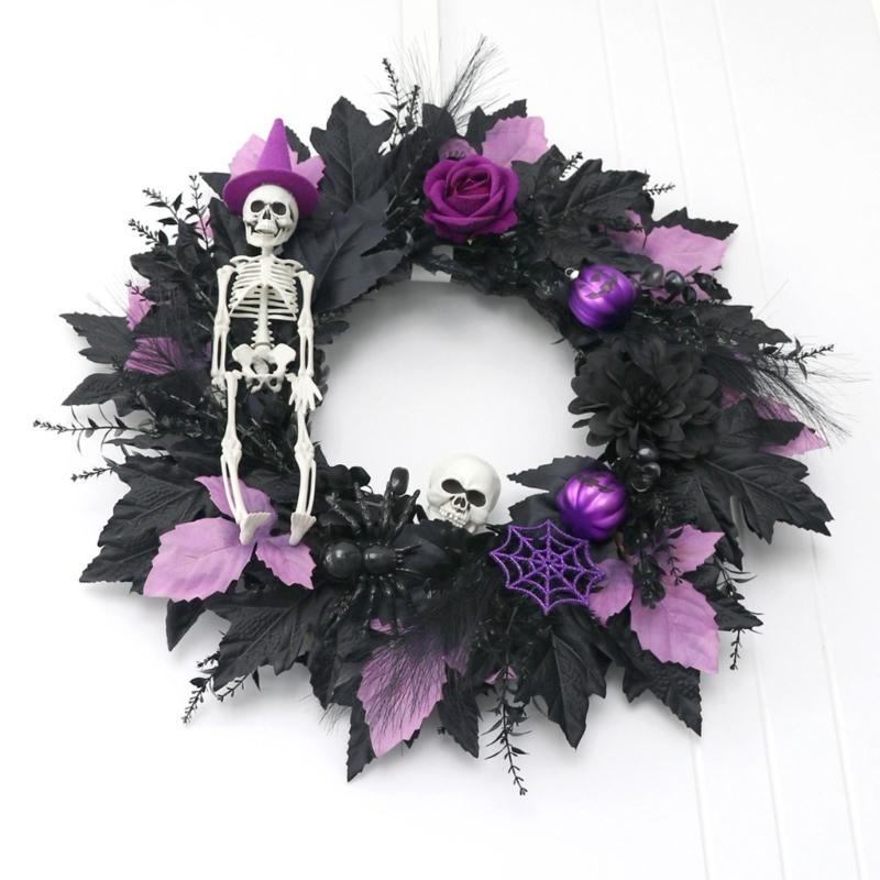 Halloween Front Door Wreath, Artificial Floral Wreath with Black Purpler Leaves Hanging Decoration for Front Door Entryway Wall