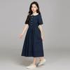Summer Kids Student Waisted Party Dresses Child Clothes Teens Girls Daily Wear Button 4-12 Year