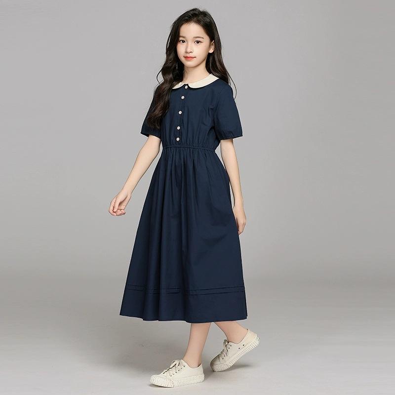 Summer Kids Student Waisted Party Dresses Child Clothes Teens Girls Daily Wear Button 4-12 Year