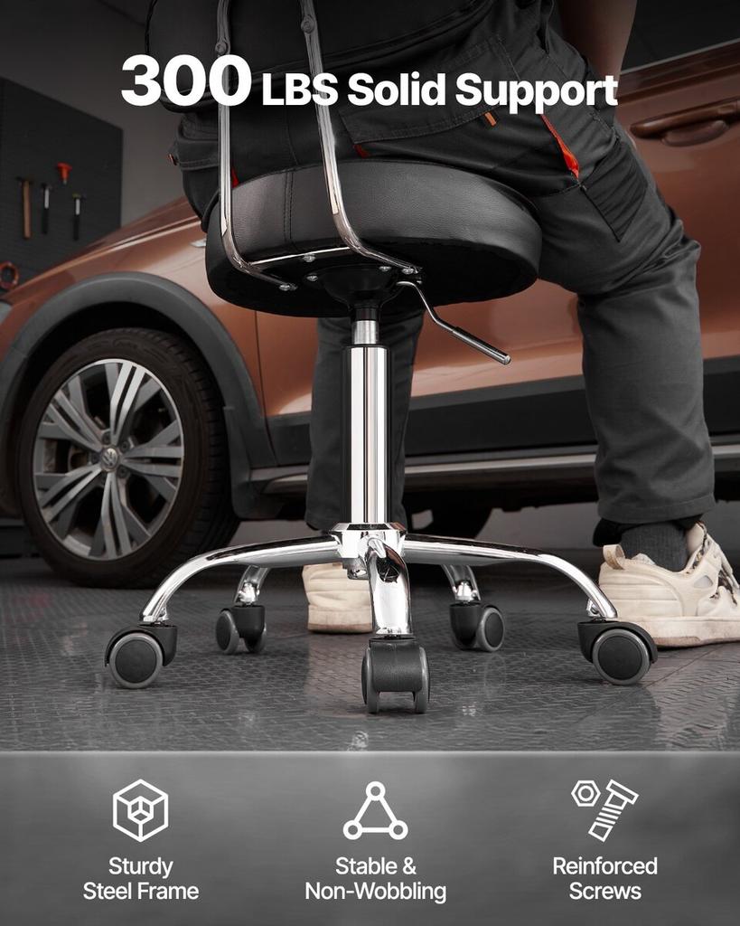 Shop Stool Adjustable Garage Seat 300 Lbs Load with Backrest & Wheels