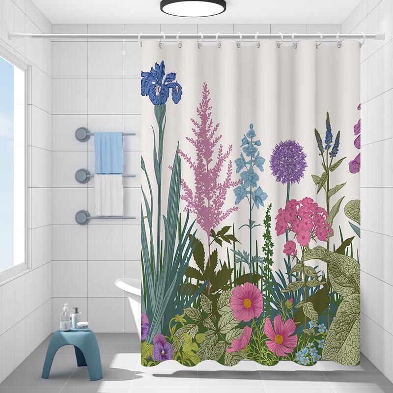 Floral Polyester Shower Curtain Set with Telescopic Rod