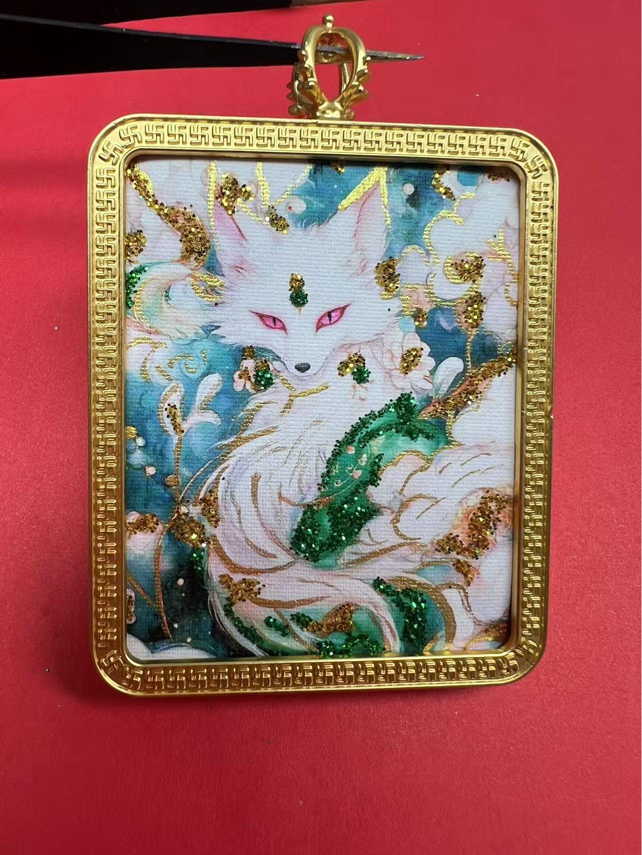 

Tibetan Thangka Fox Fairy Pendant: Hand-painted, Gilt-Colored Gold Ethnic Style Gau Box. Art Core