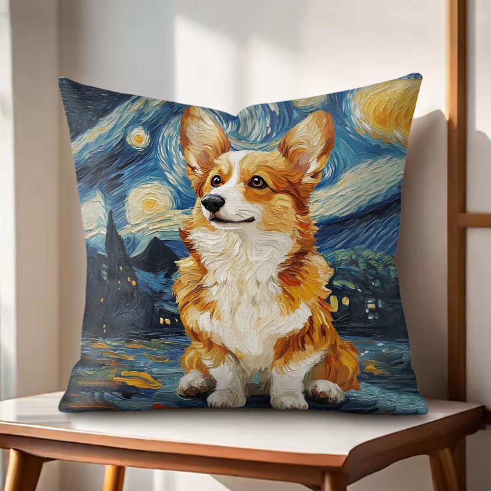 Classic Catoon Starry Sky Dog Cushion Cover Natural Linen Organic Fabric Double-Sided Printing Couch Pillow Covers Home Decor